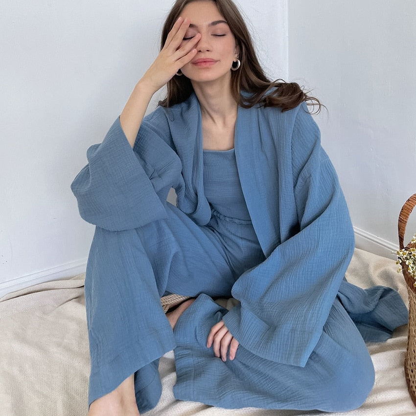 NHKDSASA Kimono Women's Pajamas, Cotton Crepe Long-Sleeved