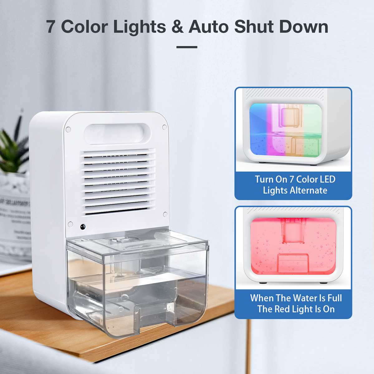 Air Dehumidifier Moisture Absorbers With 1100ml 24H Timing, Colorful Light, Quiet Air Dryer
