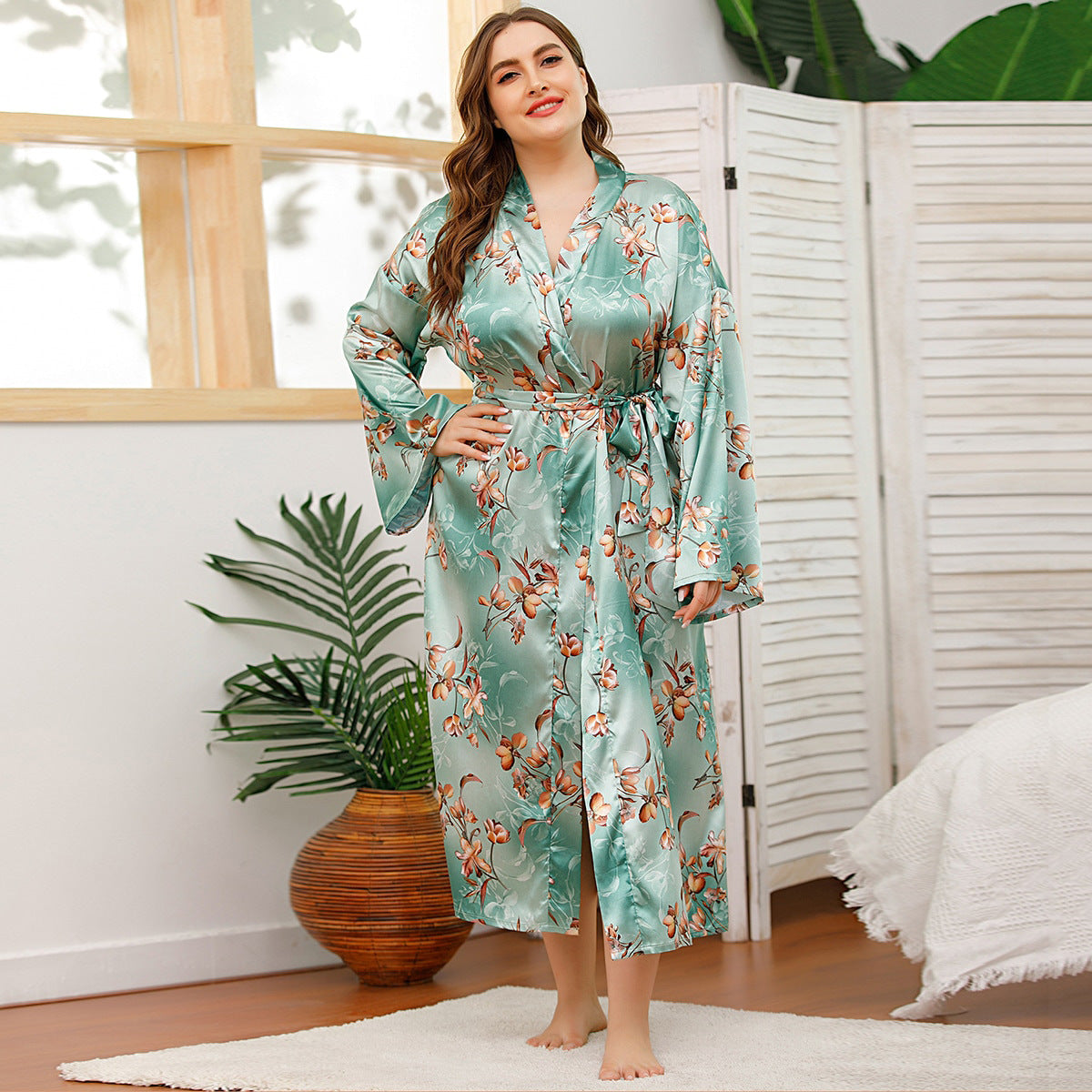 Long Robes For Women Flower Print Bathrobe V-neck Silk Sleepwear