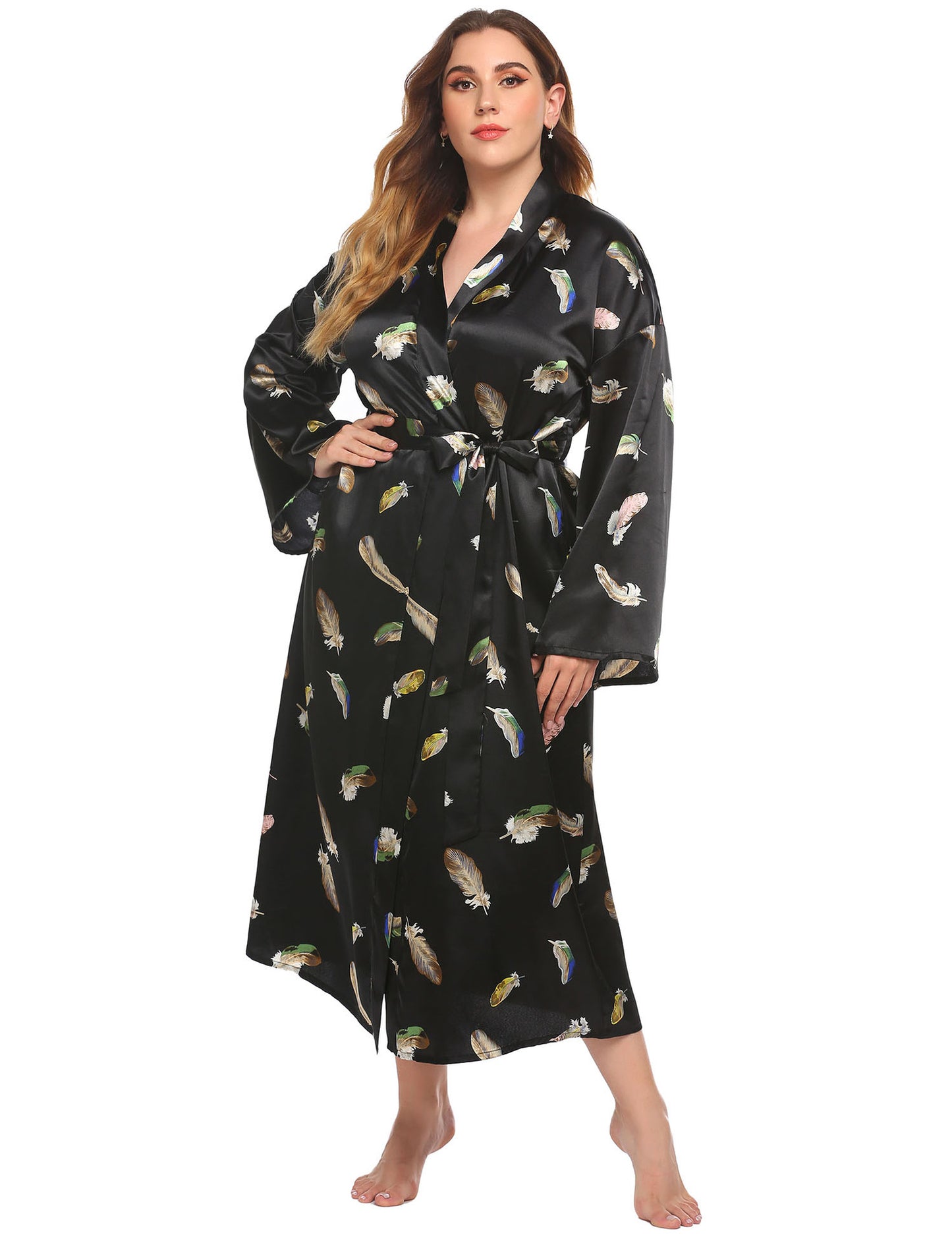 Long Robes For Women Flower Print Bathrobe V-neck Silk Sleepwear