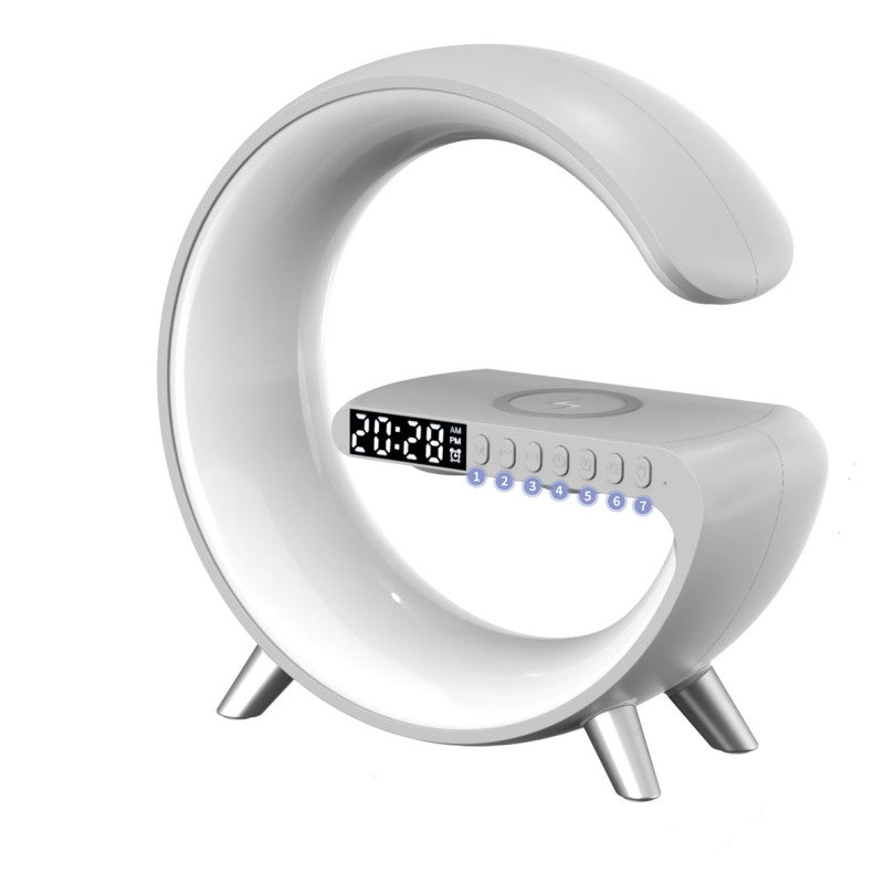 Intelligent Atmosphere Lamp and Alarm Clock with Bluetooth Speaker, Wireless Charger, and Bedside Lamp