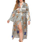 Long Robes For Women Flower Print Bathrobe V-neck Silk Sleepwear
