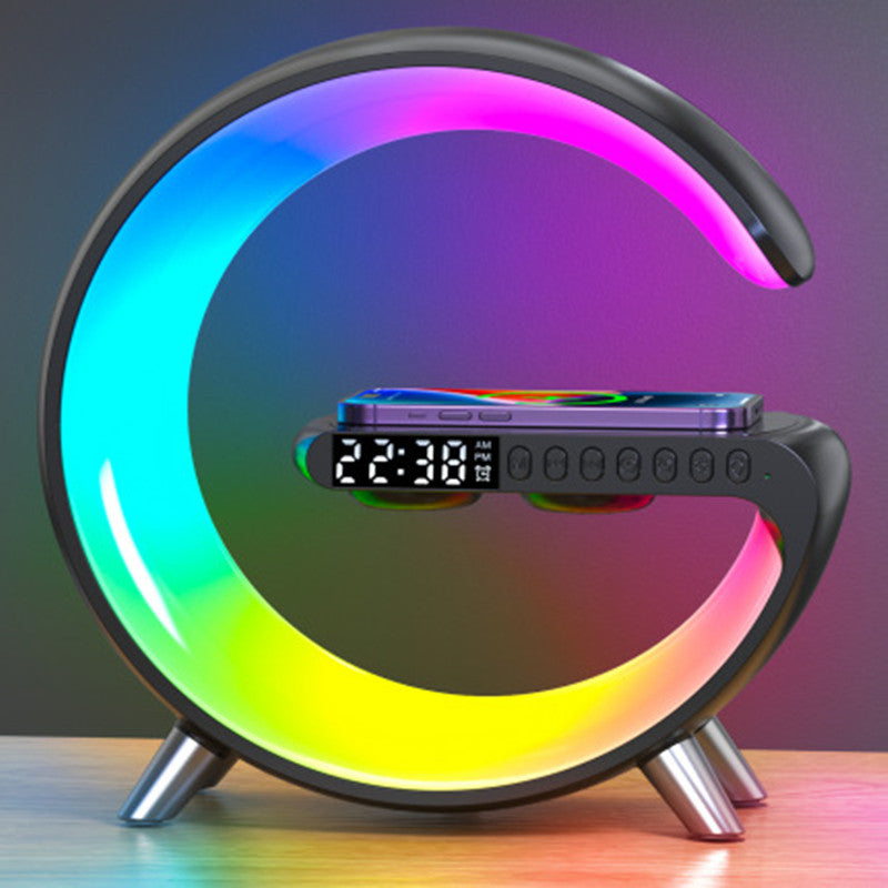 Intelligent Atmosphere Lamp and Alarm Clock with Bluetooth Speaker, Wireless Charger, and Bedside Lamp