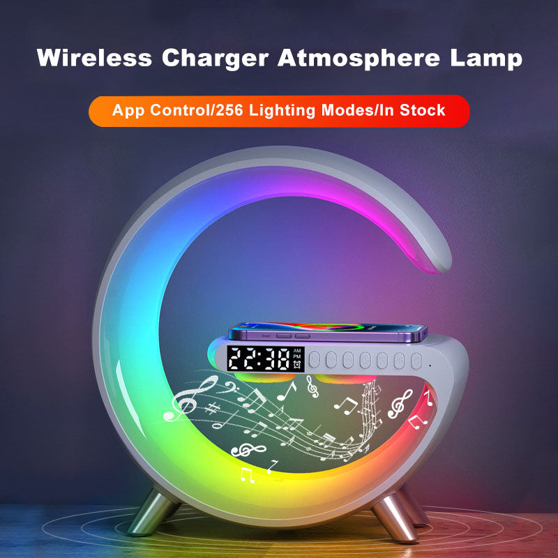 Intelligent Atmosphere Lamp and Alarm Clock with Bluetooth Speaker, Wireless Charger, and Bedside Lamp