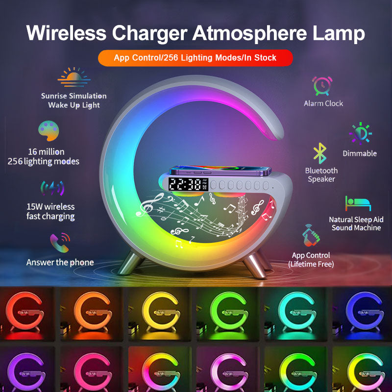 Intelligent Atmosphere Lamp and Alarm Clock with Bluetooth Speaker, Wireless Charger, and Bedside Lamp