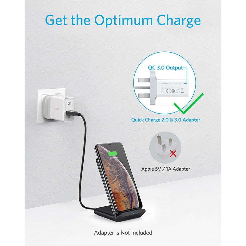 Anker Wireless Charger, 10W Max PowerWave Stand Upgraded, Qi-Certified, 7.5W for iPhone 11, 11 Pro, 11 Pro Max(No AC Adapter)