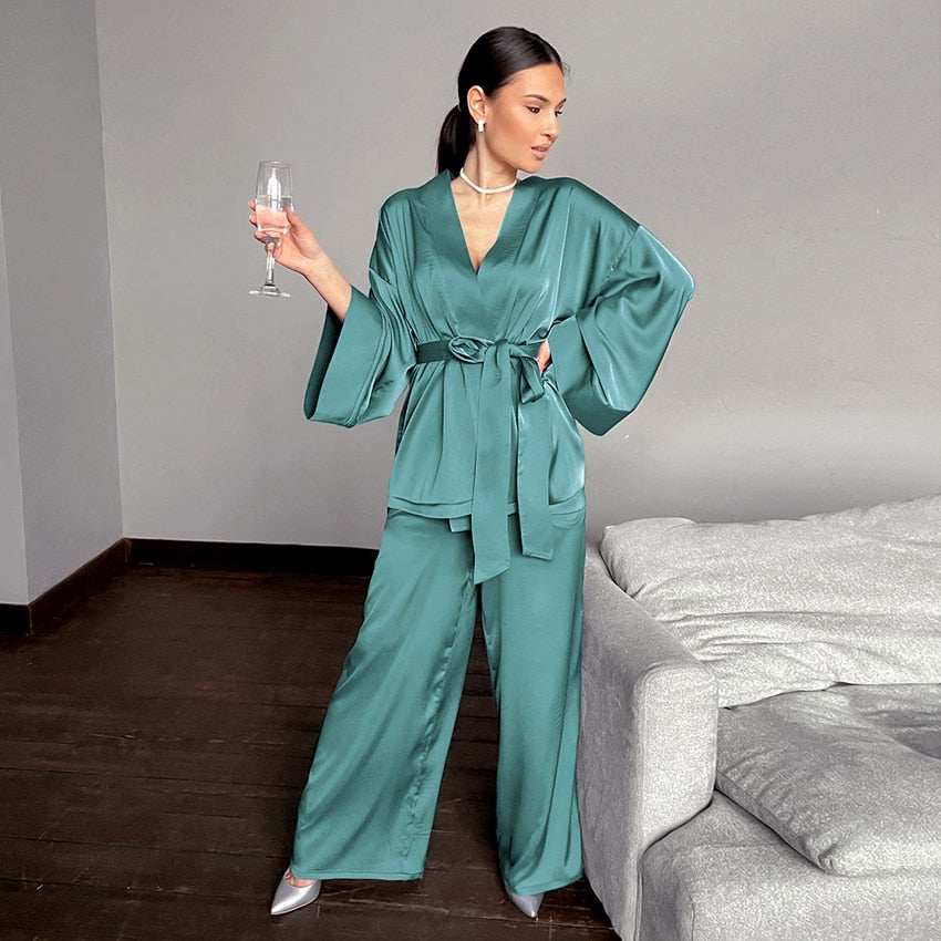 HiLoc Women Sleepwear Loose Flare Pants Three Quarter Sleeve Satin Robe