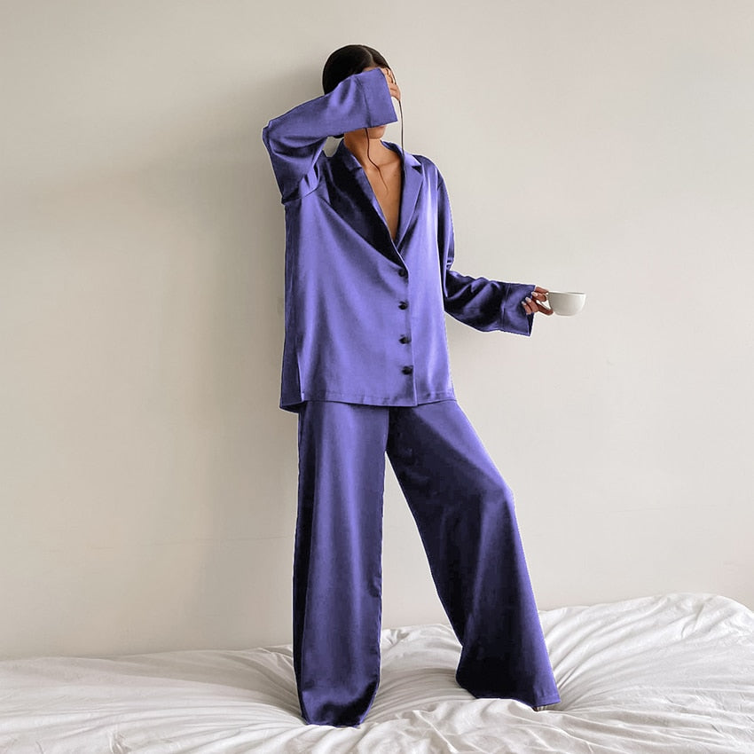 Hiloc Oversized Satin Silk Sleepwear Low Cut Pajamas For Women