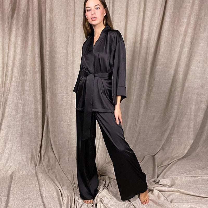 HiLoc Women Sleepwear Loose Flare Pants Three Quarter Sleeve Satin Robe