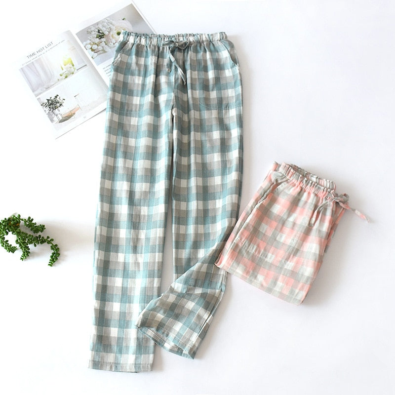 Cotton Gauze Plaid Knitted Sleep Pants