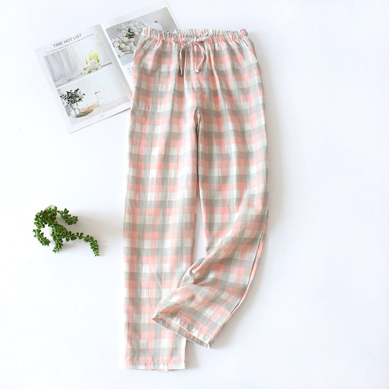 Cotton Gauze Plaid Knitted Sleep Pants