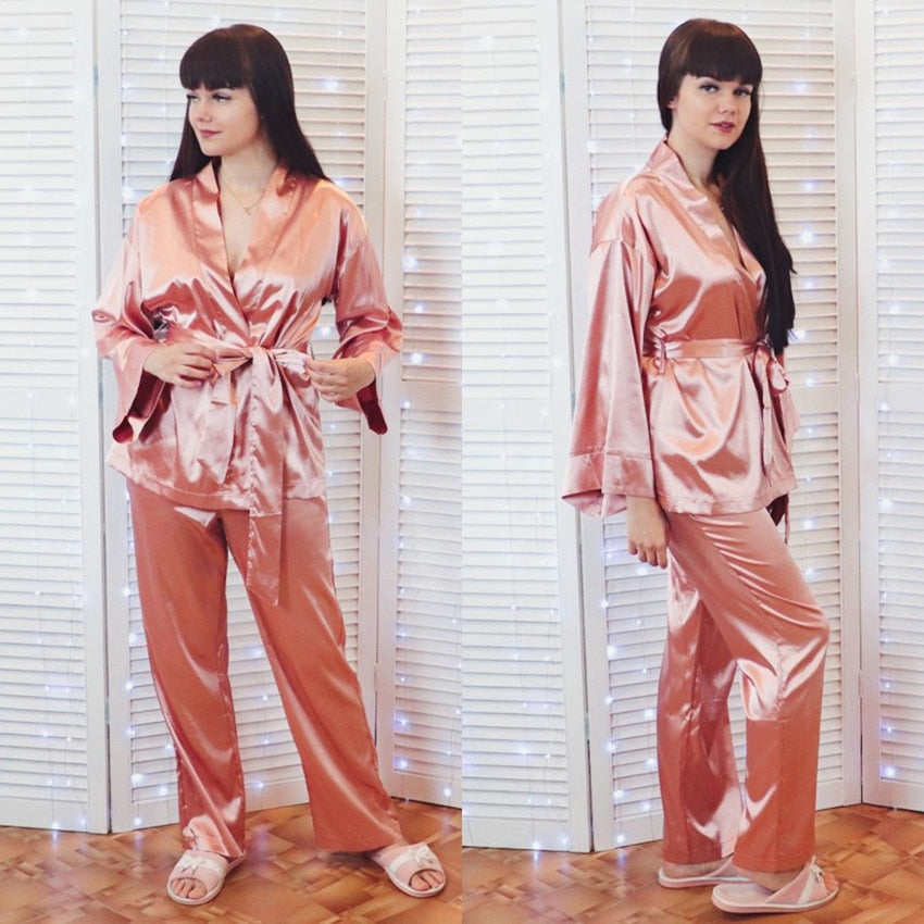 HiLoc Women Sleepwear Loose Flare Pants Three Quarter Sleeve Satin Robe