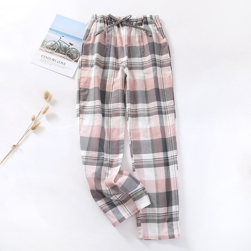 Cotton Gauze Plaid Knitted Sleep Pants