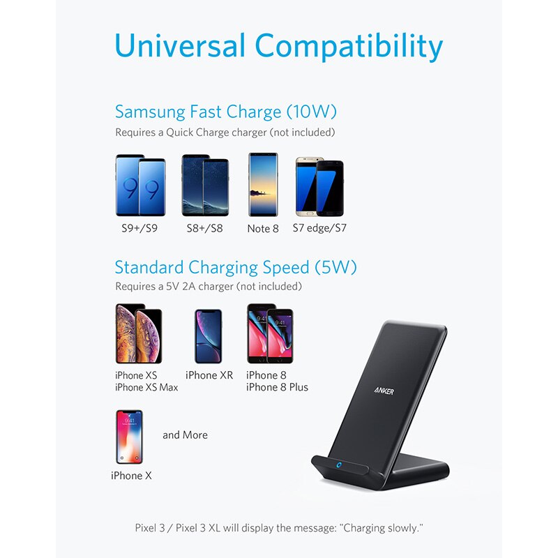 Anker Wireless Charger, 10W Max PowerWave Stand Upgraded, Qi-Certified, 7.5W for iPhone 11, 11 Pro, 11 Pro Max(No AC Adapter)