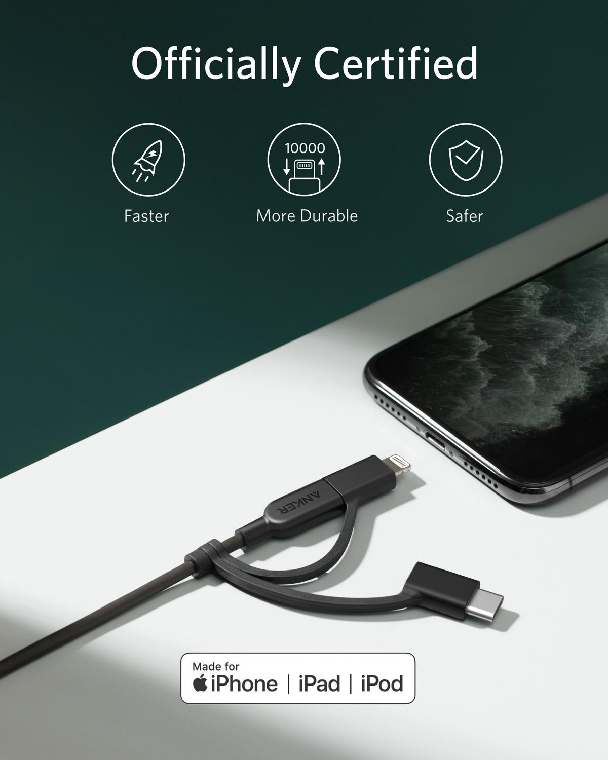 Anker Powerline II 3-in-1 Cable, 3ft Lightning/Type C/Micro USB Cable for iPhone, iPad, Huawei, HTC, LG, Samsung Galaxy and More