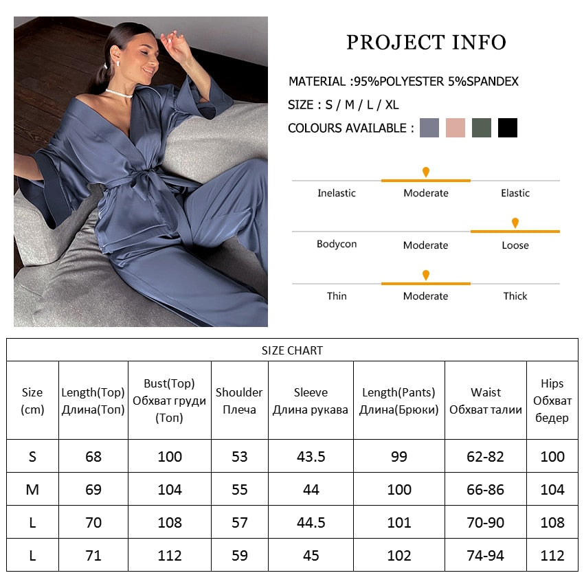 HiLoc Women Sleepwear Loose Flare Pants Three Quarter Sleeve Satin Robe