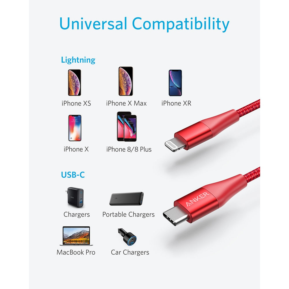 Anker USB C to Lightning Cable,Mfi Certified,Powerline+ II Nylon Braided,for iPhone 11/11 pro/X/XS etc, Supports Power Delivery