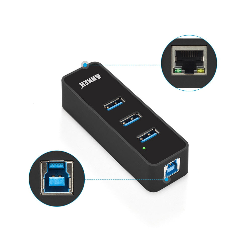 Anker 3-Port USB 3.0 HUB with Gigabit Ethernet Converter,A RJ45 Gigabit Ethernet Port,for Windows XP,Vista,Win7/8,Mac OS etc