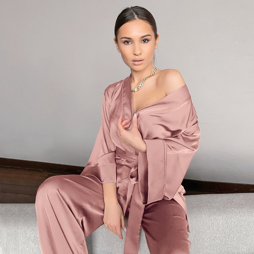 HiLoc Women Sleepwear Loose Flare Pants Three Quarter Sleeve Satin Robe