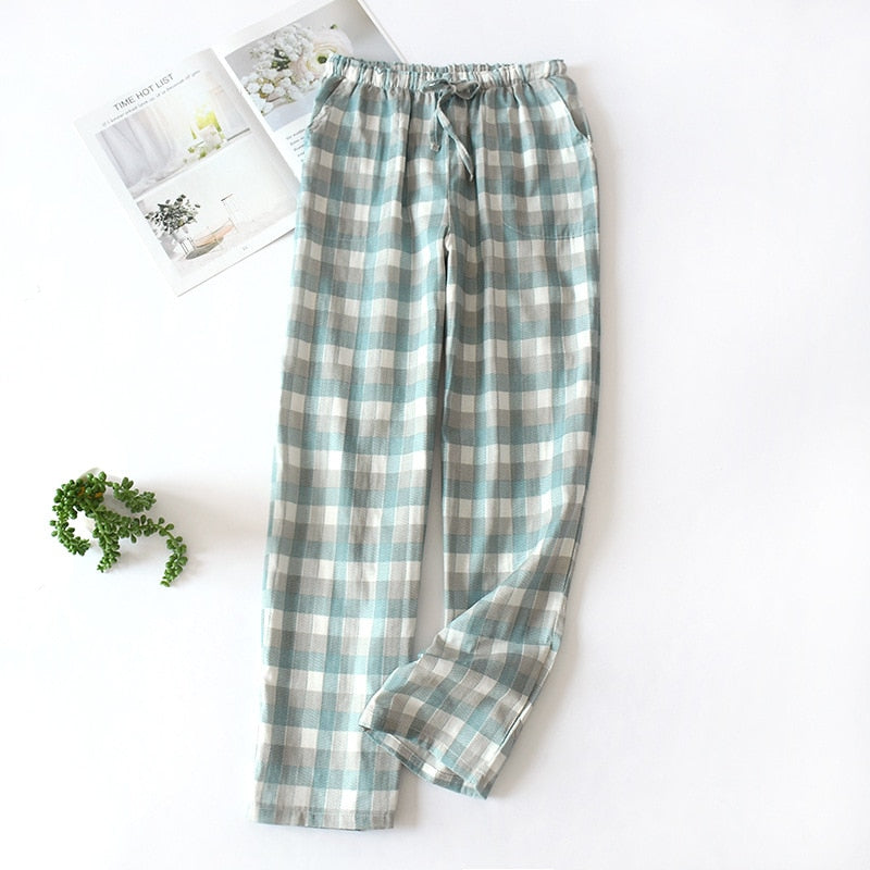 Cotton Gauze Plaid Knitted Sleep Pants