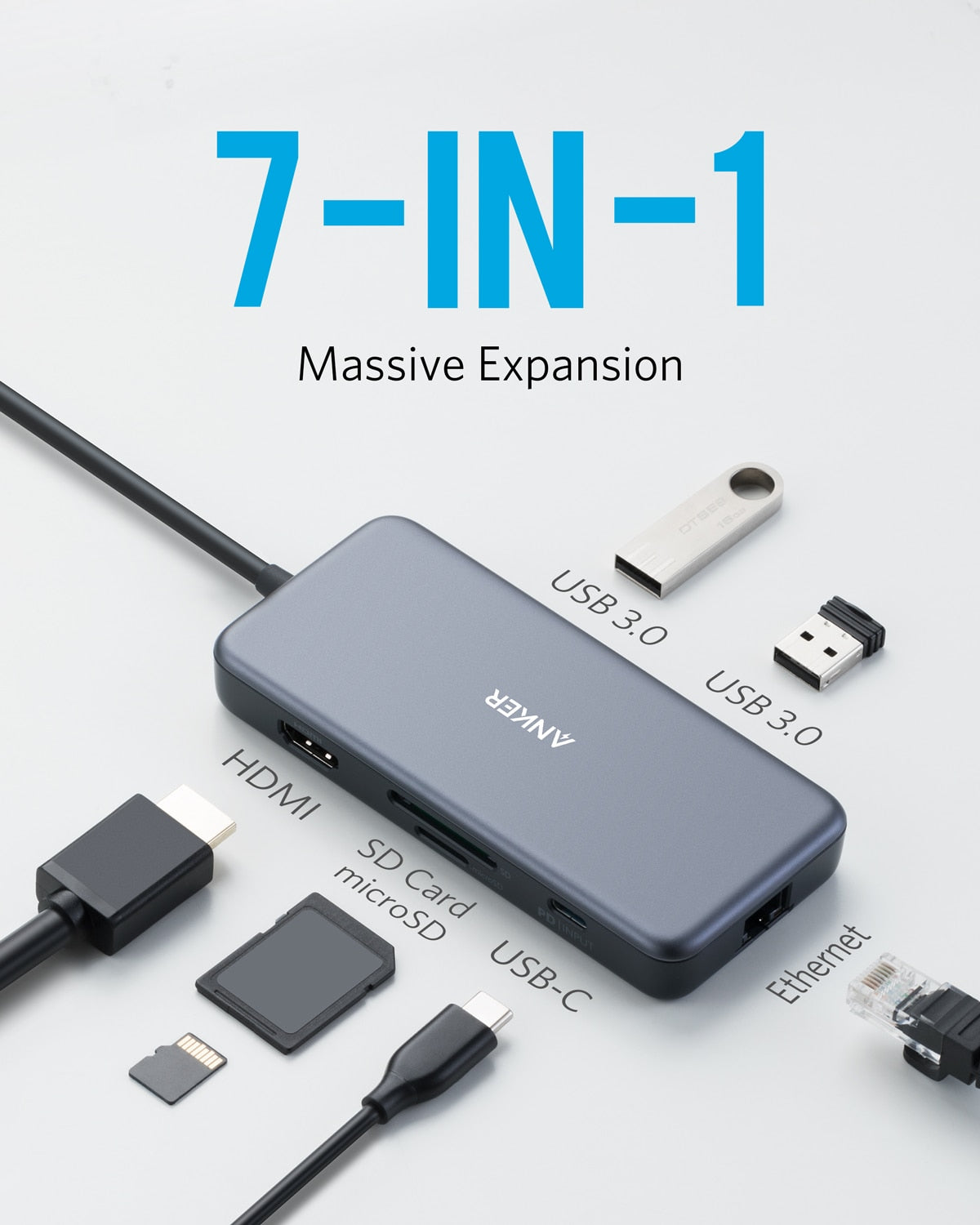 Anker USB C Hub Adapter, PowerExpand+ 7-in-1 USB C Hub, with 4K USB C to HDMI, 60W Power Delivery, 1Gbps Ethernet