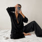 Hiloc Oversized Satin Silk Sleepwear Low Cut Pajamas For Women