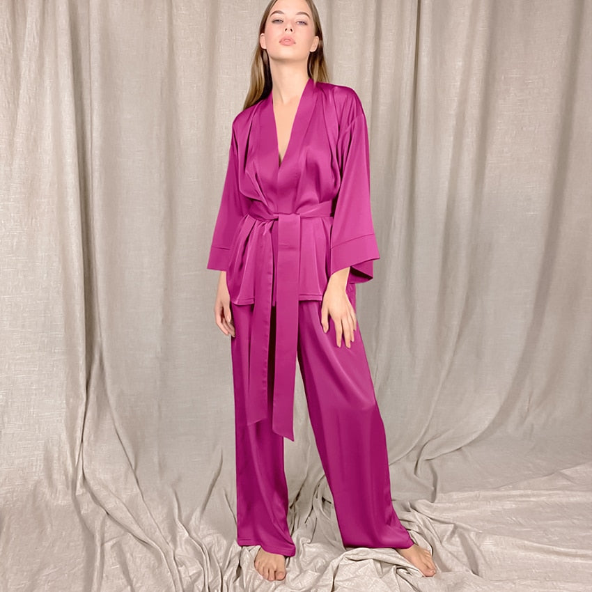 HiLoc Women Sleepwear Loose Flare Pants Three Quarter Sleeve Satin Robe