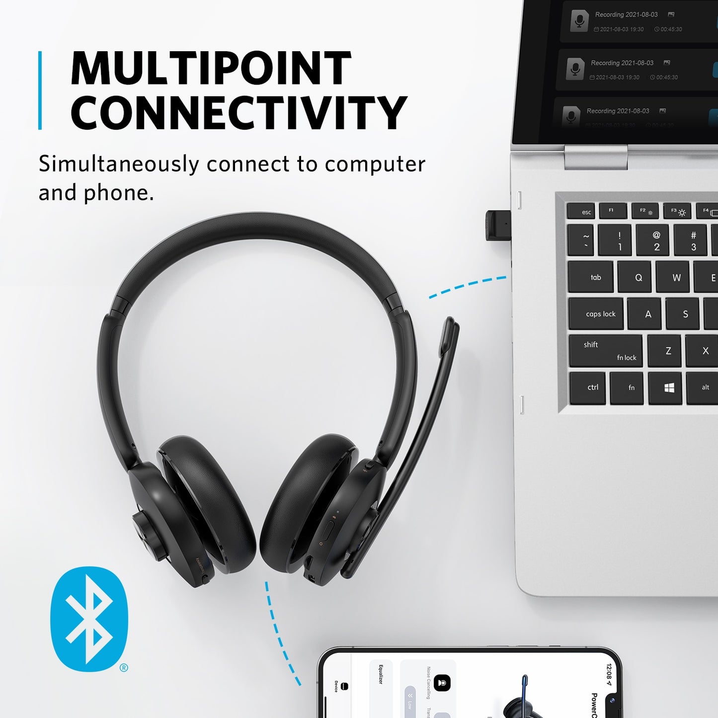 Anker PowerConf H500 Charging Stand Bluetooth Dual-Ear Headset Microphone Audio Recording Meeting Transcription AI-Enhanced Call