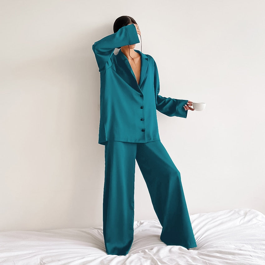 Hiloc Oversized Satin Silk Sleepwear Low Cut Pajamas For Women