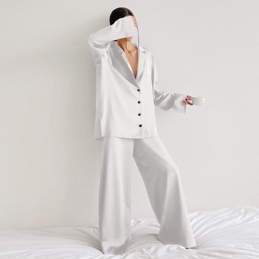 Hiloc Oversized Satin Silk Sleepwear Low Cut Pajamas For Women